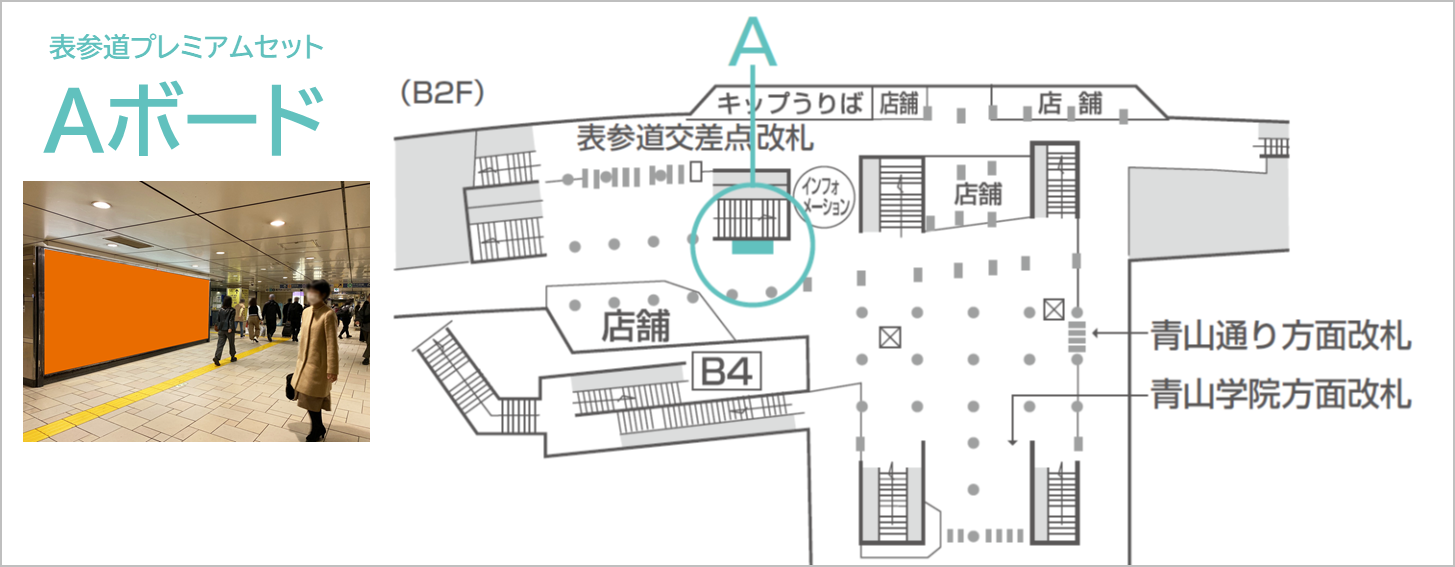 表参道プレミアムセットがどこにあるかを記した地図です。Aボードの場所を紹介しています。