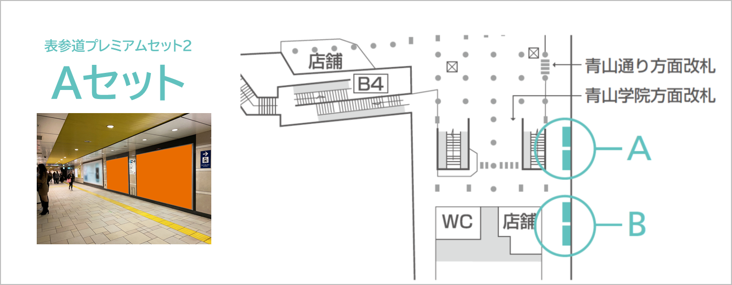 表参道プレミアムセット2がどこにあるかを記した地図です。Aセットは表参道駅の改札外通路にあります。