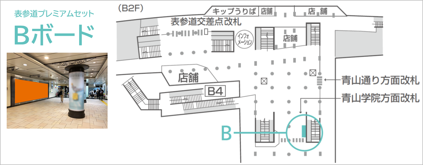 表参道プレミアムセットがどこにあるかを記した地図です。Bボードの場所を紹介しています。