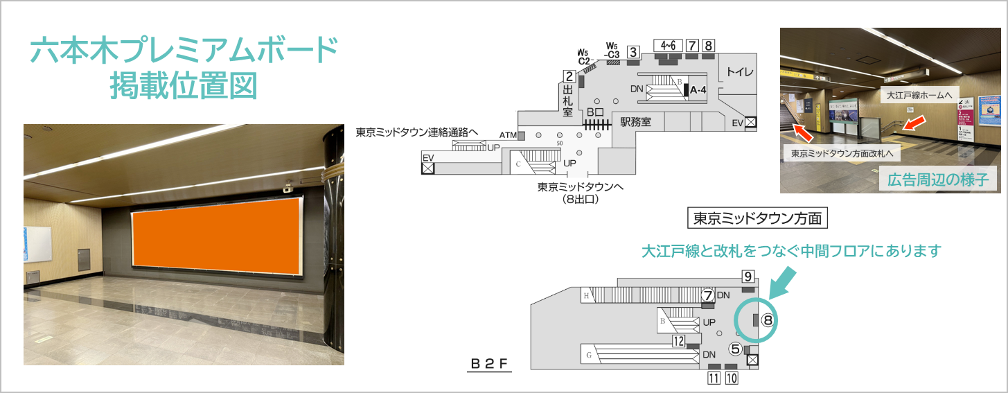 六本木プレミアムボードの場所を説明する地図画像です。東京ミッドタウン方面改札側にあります。