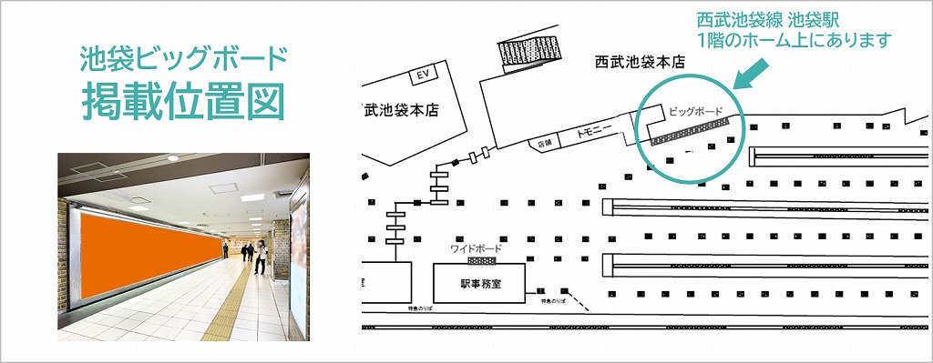 池袋ビッグボードの広告ロケーションです。西武池袋線ホームに設置されたポスター広告です。