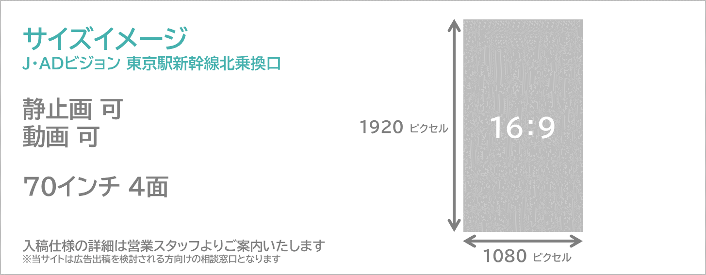 J・ADビジョン東京駅新幹線北乗換口のサイスイメージです。16:9の縦型のデジタルサイネージ広告です。