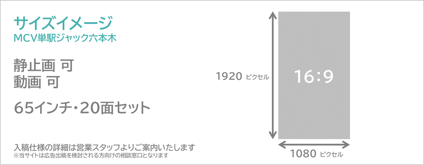 MCV単駅ジャック六本木のサイズイメージです。縦型の柱サイネージで、動画も静止画も流せます。