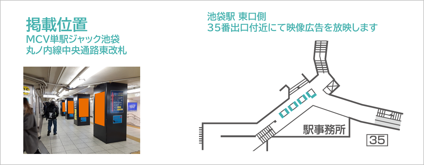 MCV単駅ジャック池袋の設置場所です,駅構内,柱タイプ,駅デジタルサイネージ,池袋駅,ジャック放映