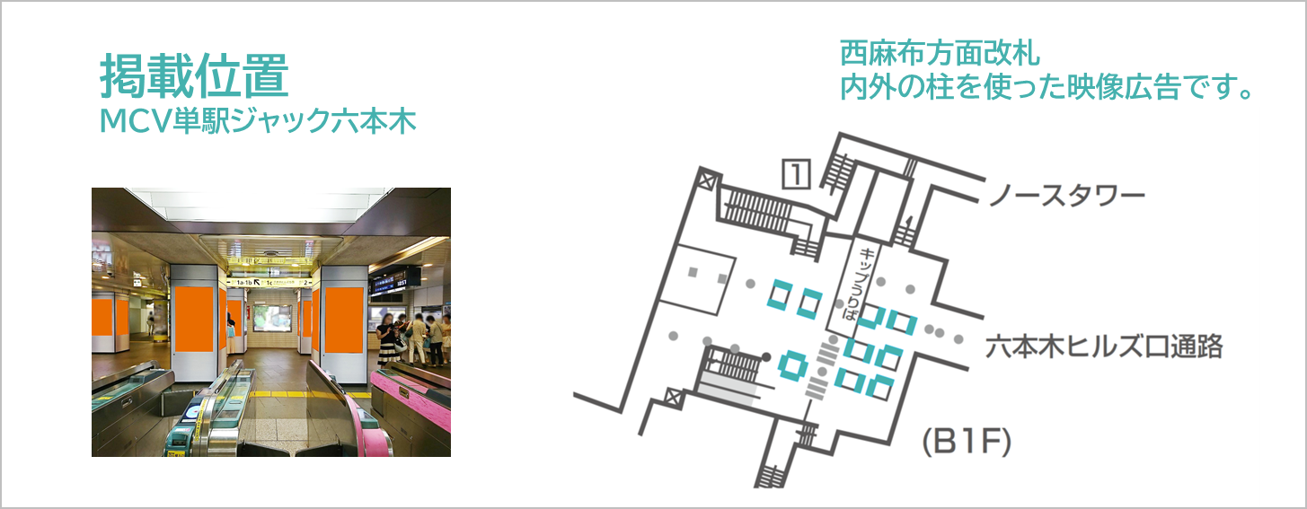 MCV単駅ジャック六本木の場所を記した地図です。
六本木駅の西麻布方面改札付近にあります。動画OK、静止画もOKです。