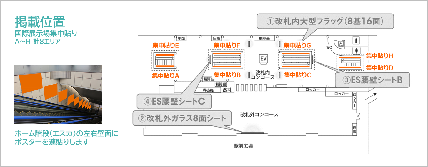 国際展示場集中貼りの掲載位置図です。ホームエスカとホーム階段の横に掲載します。