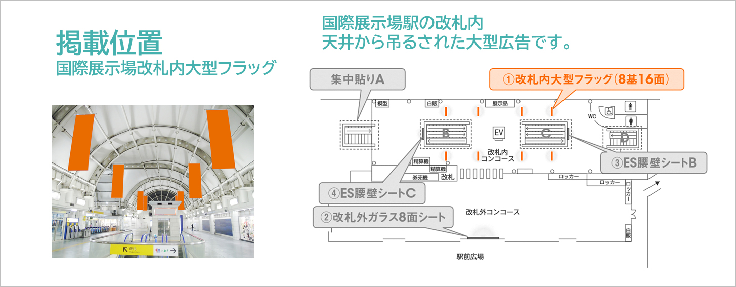 国際展示場改札内大型フラッグの広告ロケーションです。国際展示場駅の改札内8か所に両面のバナー広告を掲載します。