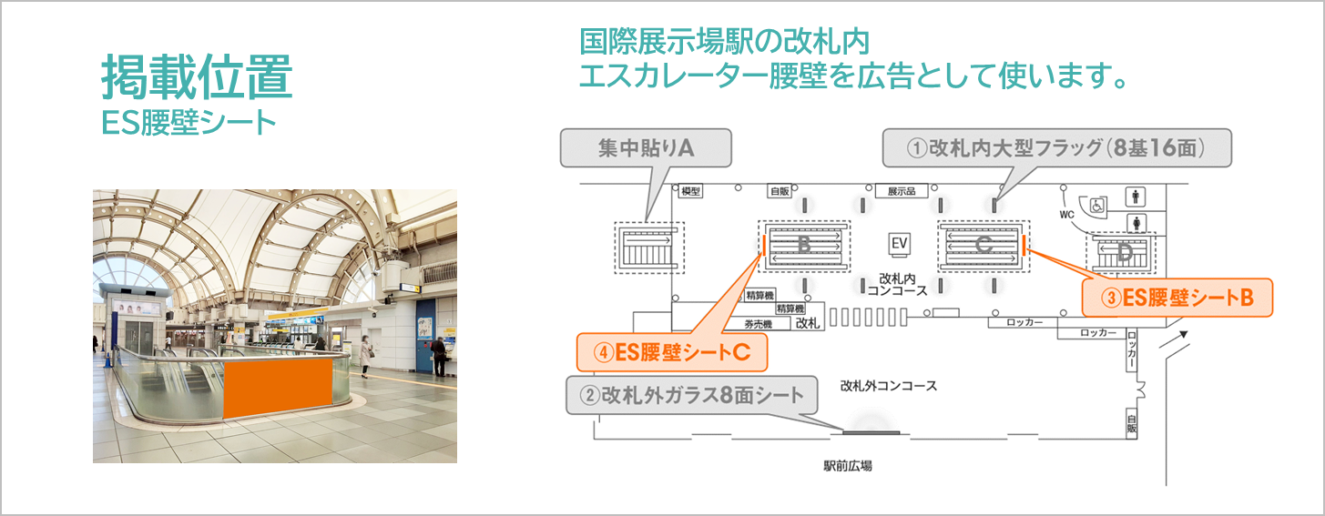 国際展示場ES腰壁シートの広告場所を記した地図情報です。国際展示場駅の構内にあるエスカレーター腰壁を広告化します。