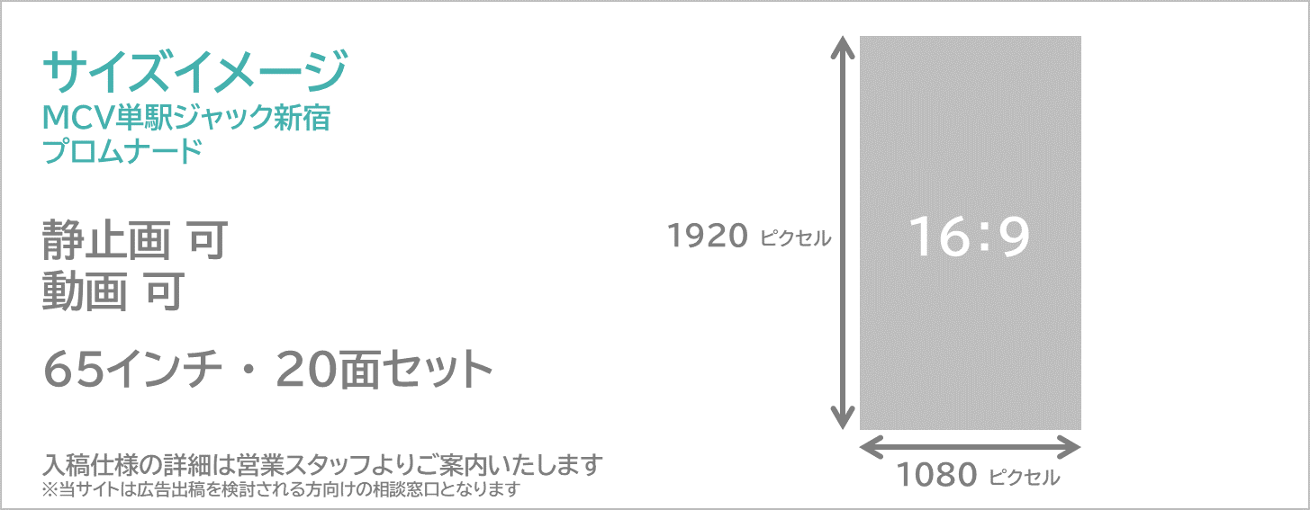 MCV単駅ジャック新宿 プロムナードのサイズイメージです。,新宿駅,地下通路,デジタルサイネージ,縦型デジタルサイネージ,1社買い切り放映,映像広告,動画広告,