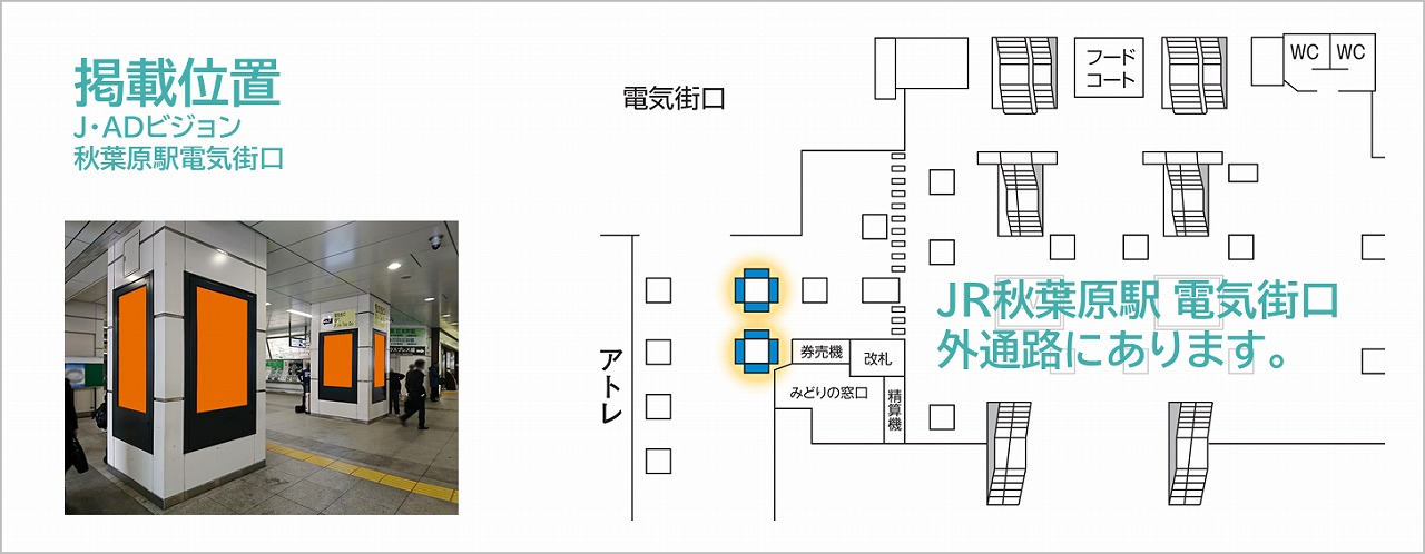 J・ADビジョン秋葉原駅電気街口の場所を記した地図情報です。電気街口の外通路にある映像広告です。2本の柱に4面ずつ計8面の広告です。