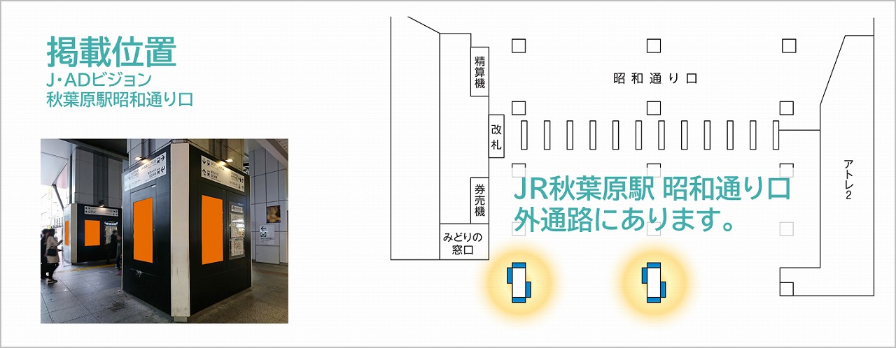 J・ADビジョン秋葉原駅昭和通り口の場所を記した地図情報です。昭和通り口改札の外通路にある映像広告です。2本の柱に4面ずつ計8面の広告です。