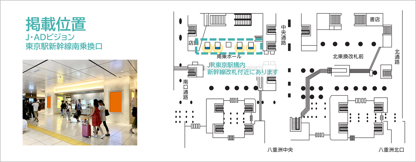 J・ADビジョン東京駅新幹線南乗換口の広告ロケーションです。東京駅,駅構内の新幹線のりかえ口付近にあります。