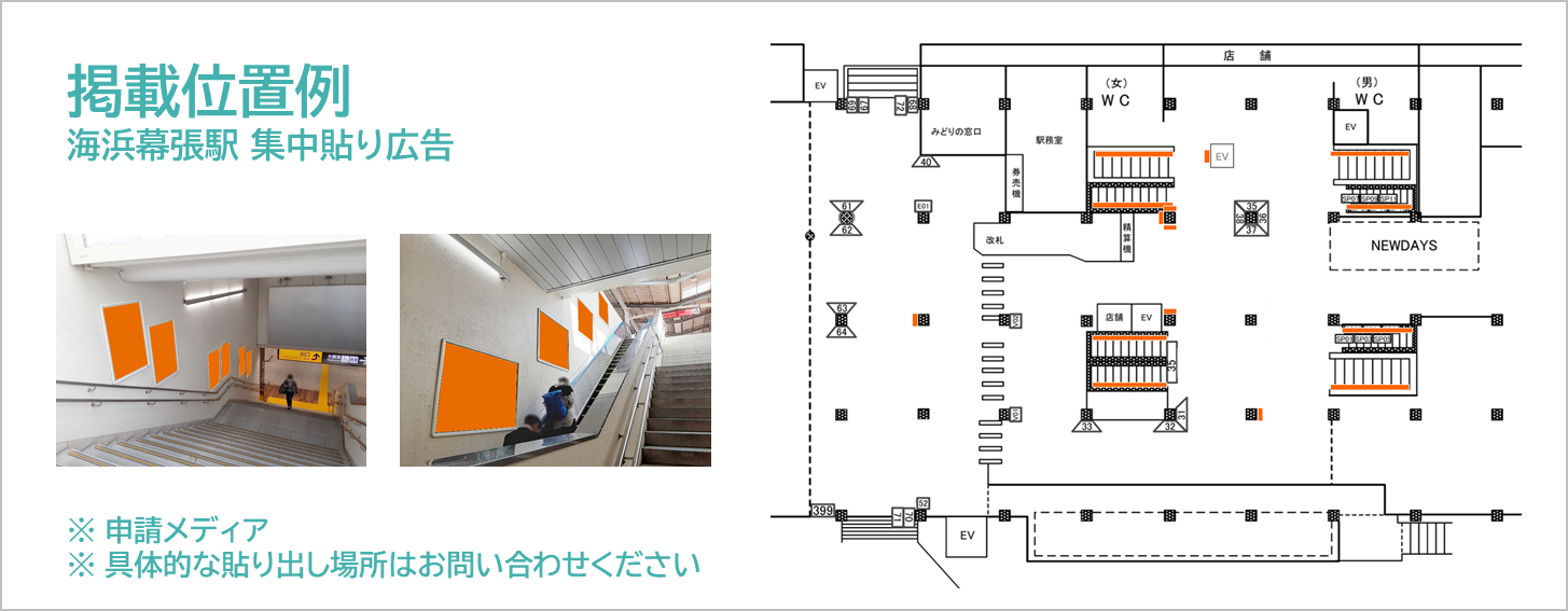 海浜幕張駅 集中貼り広告の掲載場所を記した地図情報です。ホーム階段横を主な掲載場所とし、駅構内各所にポスターを集中的に掲載します。