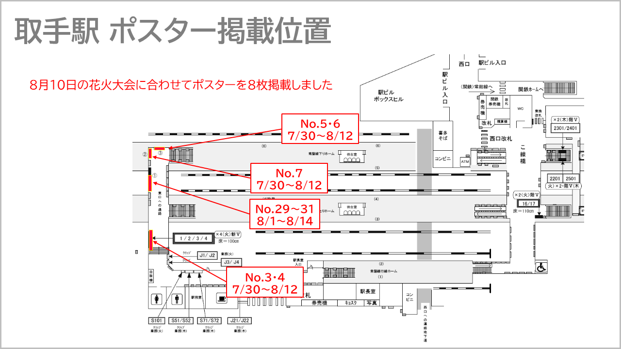 取手駅ポスター広告の構内図です。乗り換えで使う構内通路に広告を掲載できます。