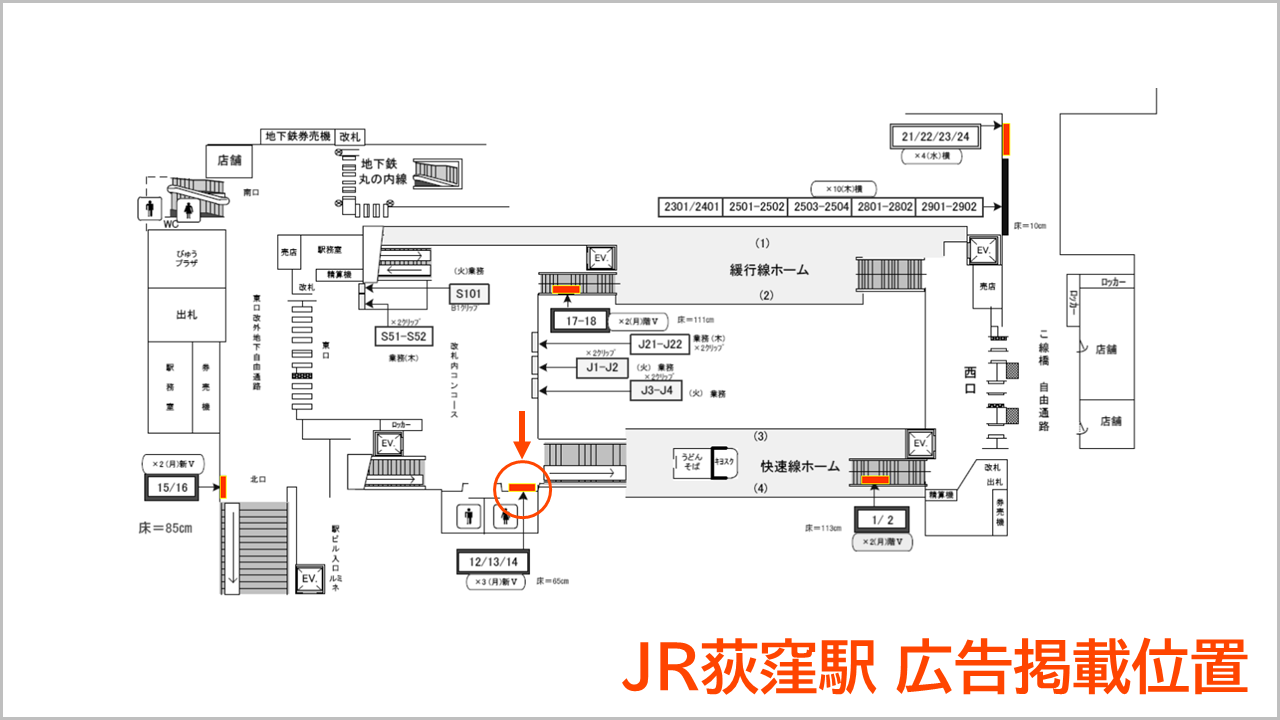 荻窪駅の広告用ポスターボードを記した駅構内図です。,株式会社エミュ,B1サイズ,ピラティススタジオ,キャンペーン告知