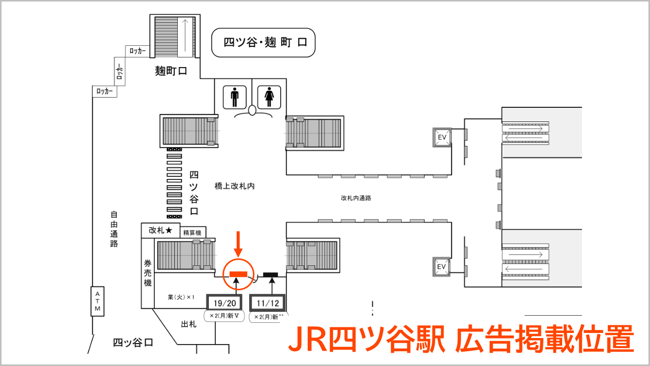 JR四ツ谷駅のポスター広告掲載位置です。四ツ谷口改札のそばにあるポスターボードに広告を掲載しました。B1サイズ,rebirth associate,arati